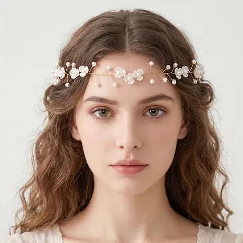 Bridal Hairband With Ceramic Flowers Imitation Artificial Pearl And Crystal Beads Ribbon Tie Handmade Wedding Headpiece