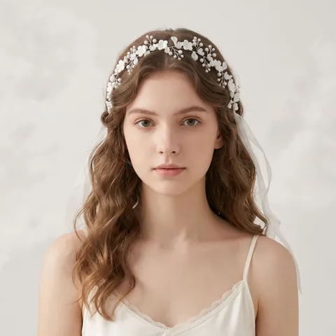 Bridal Hairband With Ceramic Flowers Imitation Artificial Pearl And Crystal Beads Ribbon Tie Handmade Wedding Headpiece