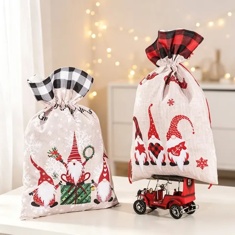 Christmas Drawstring Gift Bags Linen Burlap Fabric Gnome Pattern Printed Plaid Cuffs Holiday Party Decoration Rustic