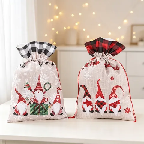 Christmas Drawstring Gift Bags Linen Burlap Fabric Gnome Pattern Printed Plaid Cuffs Holiday Party Decoration Rustic