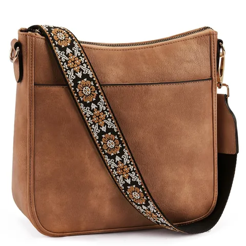 Women Vintage PU Leather Crossbody Bag Large Capacity Messenger Bag With Wide Jacquard Shoulder Strap Casual Daily Travel Bag
