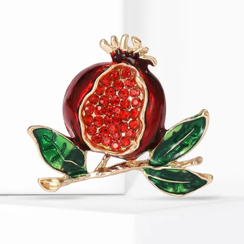 Vintage Pomegranate Fruit Brooch Alloy Clear Red Rhinestone Enamel Pin Fashion Jewelry Gift For Women Banquet Accessory