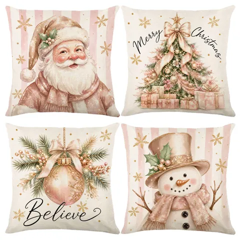 Pink Christmas Pillow Cover Cute Santa Claus Snowman Print Decorative Cushion Cover Nordic Style Home Sofa Bed Decor