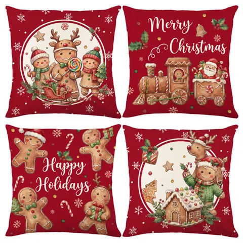 Christmas Decorative Pillow Cover Gingerbread Man Elk Printed Square Cushion Case For Sofa Bed Home Decor Holiday