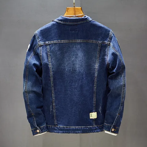 Men Vintage Denim Jacket Cotton Denim Heavy Water Washed Distressed Embroidery Patch Jacket Casual Streetwear Coats