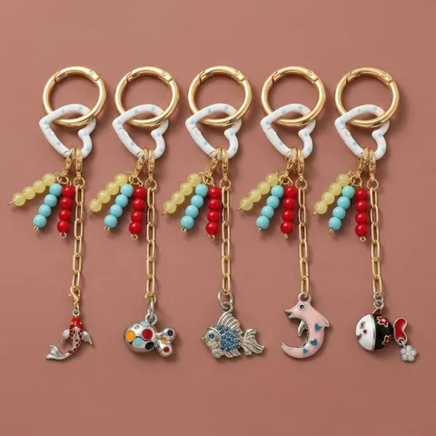 Bohemian Handmade Woven Keychain Multi Color Beaded Bag Pendant Enamel Fish Evil Eye Heart Charm 18K Gold Plated Key Ring For Women