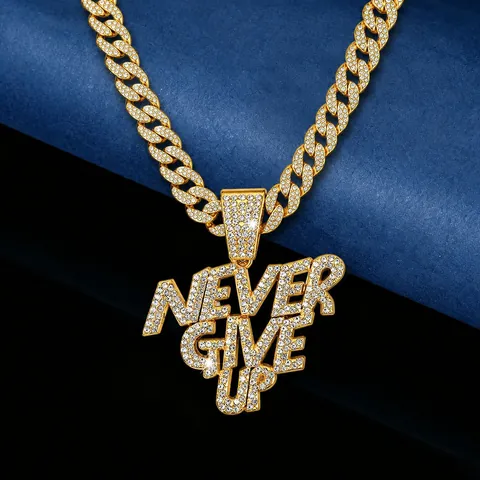 Μενταγιόν Με Γράμματα Never Give Up Κολιέ Hip Hop Iced Out Rhinestone Αλυσίδα Cuban Link Κράμα Streetwear Punk Κοσμήματα