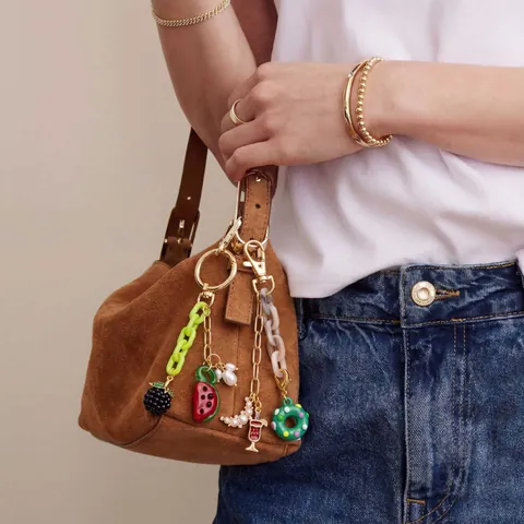 Bijou de Sac Porte-clés en Cuivre Plaqué Or 18K Avec Perles Colorées Pendentif Fleur Fruit pour Femmes Mode Accessoires de Sac Décoration