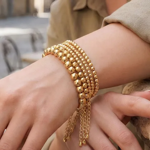 Minimalist Gold Plated Copper Bead Bracelet For Women Men Stacking Geometric Round Beads Adjustable Link Chain Fashion Jewelry Elegant Daily Accessory