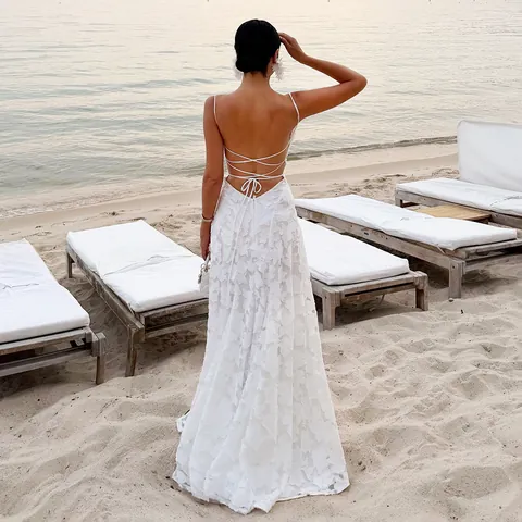 Women Evening Gown Dress Sexy Backless Spaghetti Strap Jacquard Chiffon A-Line High Waist Floor Length Formal Party
