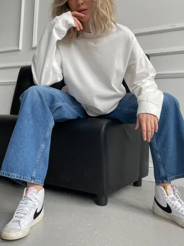 Dames T-Shirt Met Lange Mouwen Van Puur Katoen Losse Pasvorm Geribbelde Manchetten Ronde Hals Casual Gebreide Top