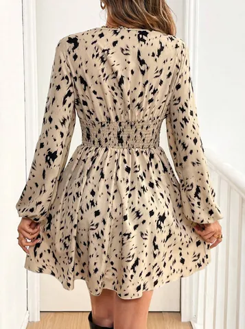 Women V Neck Leopard Print Mini Dress Elegant Lantern Sleeve Smocked Waist Floral A-Line Short Sleeve Casual Party Dress