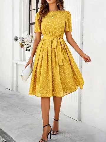 Women Polka Dot Midi Dress Elegant Short Sleeve Tie Waist Summer Casual Dress Spring Vacation Round Neck A-Line Skirt