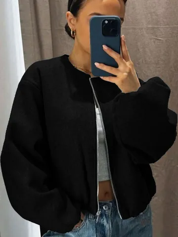 Women Stylish Soft Wool Blend Bomber Jacket Zip Up Round Neck Puff Sleeve Solid Color Casual Outerwear Top For Spring Autumn