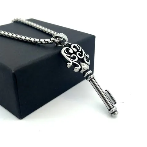 Vintage Punk Key Pendant Necklace For Men Stainless Steel Polished Patterned Key Charm Hip Hop Style Gothic Jewelry Gift