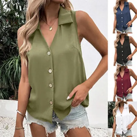 Women's V-Neck Lapel Sleeveless Chiffon Blouse Loose Casual Button Down Summer Top Solid Color Spandex Polyester Shirt
