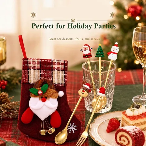 Christmas Cutlery Set Stainless Steel Spoons Forks With Stocking Gift Bag Santa Reindeer Decoration Gold Silver Dining