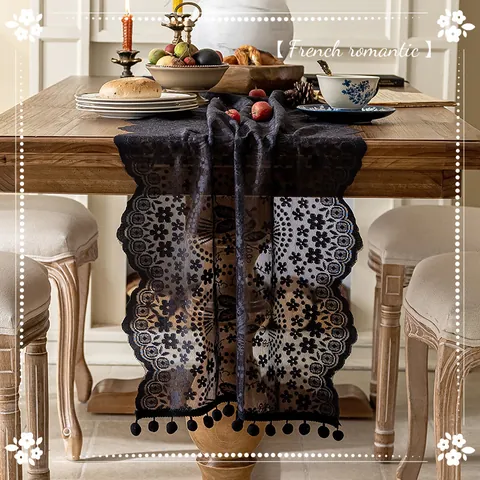 French Vintage Lace Table Runner Hollow Floral Jacquard With Pom Pom Fringe Decor For Wedding Party Dining Table Coffee Table