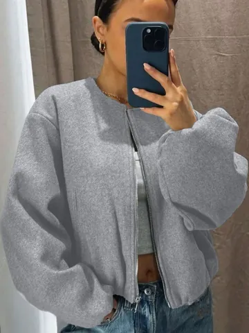 Women Stylish Soft Wool Blend Bomber Jacket Zip Up Round Neck Puff Sleeve Solid Color Casual Outerwear Top For Spring Autumn