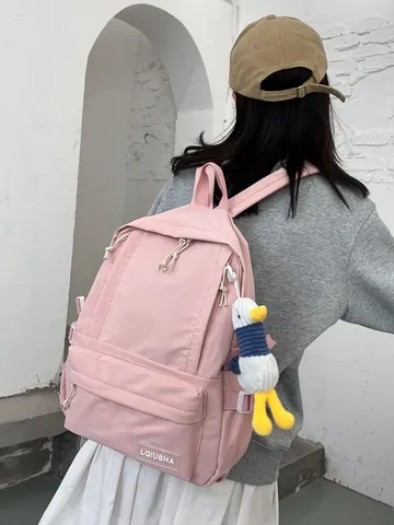 Women Large Capacity Nylon School Backpack Korean College Style Solid Color Student Daypack With Cute Plush Pendant