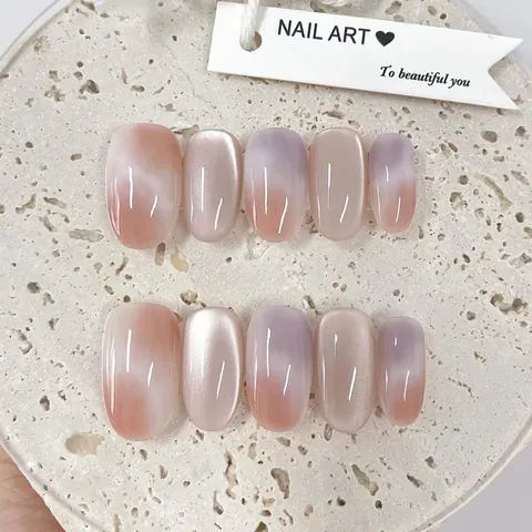 Short Oval Press On Nails Rainbow Gradient Pink Purple Cat Eye Fake Nails Set With Jelly Glue For Women Daily Manicure Decoration