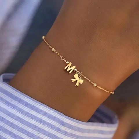 Bracelet À Charme Lettre Initiale Papillon En Acier Inoxydable Chaîne À Billes Réglable Bijoux Personnalisés Pour Femmes