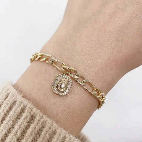 Bracelet Pendentif Lettre Acier Inoxydable Zircon Octogonal Carré Plaque Initiale Bijoux De Mode Élégants Pour Femmes
