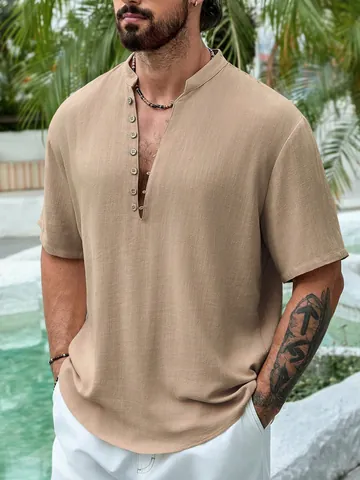 Men's Casual Short Sleeve Henley Shirt Linen Blend Viscose V Neck Button Breathable Summer Beach Top T-Shirt