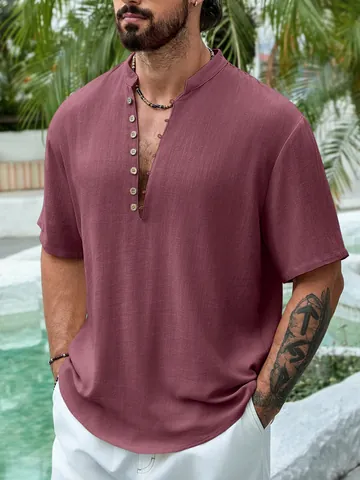 Men's Casual Short Sleeve Henley Shirt Linen Blend Viscose V Neck Button Breathable Summer Beach Top T-Shirt