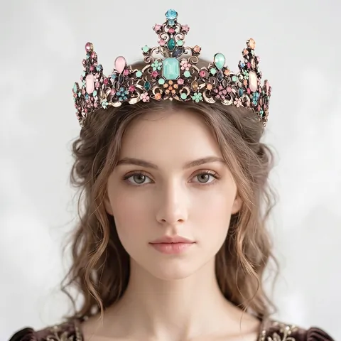 Vintage Baroque King Crown For Women Alloy Rhinestone Colorful Gemstone Tiara For Halloween Masquerade Party Headpiece