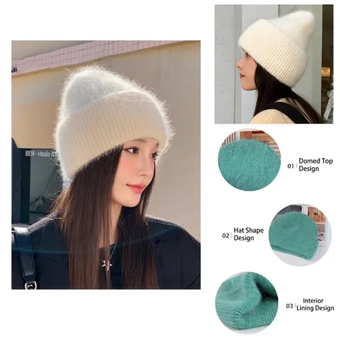 Women Winter Warm Rabbit Hair Knit Beanie Hat Fuzzy Cuffed Ribbed Thick Layered Solid Color Outdoor Soft