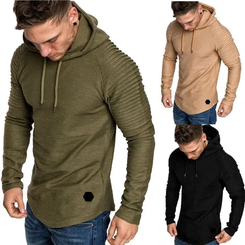 Men's Casual Polyester Pleated Raglan Sleeve Hoodie Solid Color Long Sleeve Curved Hem Hooded Sweatshirt Top