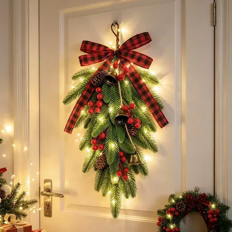 Christmas Swag Garland Plastic Pine Needles Red Berries Natural Pinecones Metal Bells LED Warm Light Door Wall Hanging Decoration