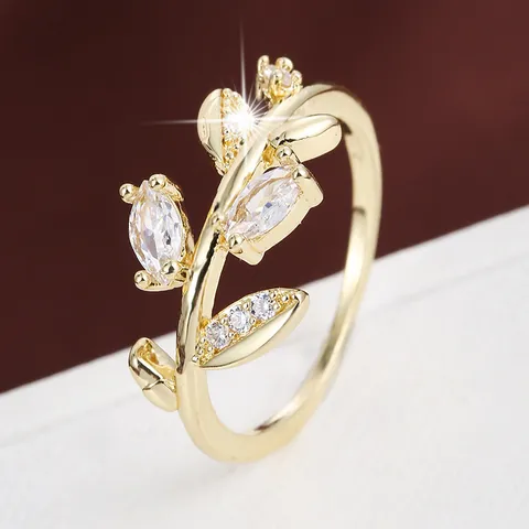 Niche Creative Design Branch Leaf Shape Copper Zirconia Ring Elegant Fashion Inlaid Zircon Ring For Women Finger Jewelry Gift