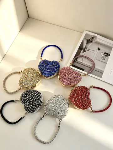 Mode Mini Herzform Abendtasche Voll Strassbesatz Umhängetasche Für Damen Legierung Metallkette Bankett Party Clutch