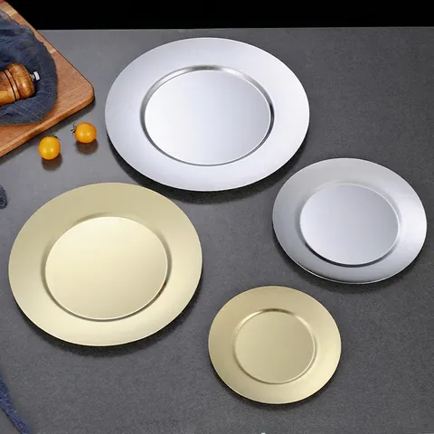Plateau de Service Rond en Acier Inoxydable Or Argent Vieilli Assiette en Métal Style Coréen pour Fruits Gâteau Barbecue Maison Cuisine