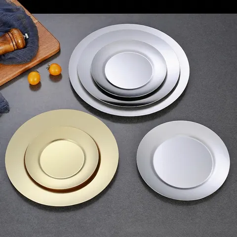 Plateau de Service Rond en Acier Inoxydable Or Argent Vieilli Assiette en Métal Style Coréen pour Fruits Gâteau Barbecue Maison Cuisine