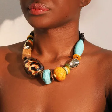 Bohemian Leopard Print Resin Wood Pendant Necklace For Women Ethnic Handmade Woven Rope Statement Necklace Jewelry Gift