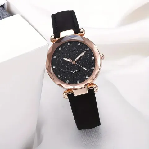 Women Starry Sky Quartz Watch Elegant Rhinestone Dial Fashion Ladies Artificial Leather Strap Wristwatch Geometric Cut Mirror Casual Jewelry Watch Gift