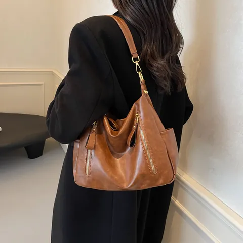 Vintage Large Capacity Synthetic Leather Tote Bag Minimalist Shoulder Crossbody Handbag For Women Casual Daily Fashion Bag