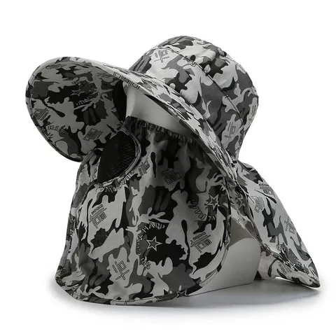 Chapeau de Pêche de Protection Solaire Extérieur pour Hommes Avec Rabat de Cou Masque de Visage Large Bord Camouflage