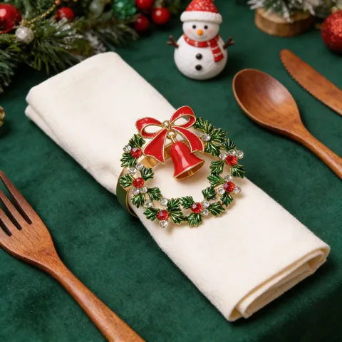 Servilletero Festivo de Navidad de Aleación con Strass y Esmalte Reno Muñeco de Nieve Árbol Corona Hebilla para Decoración de Mesa de Fiesta