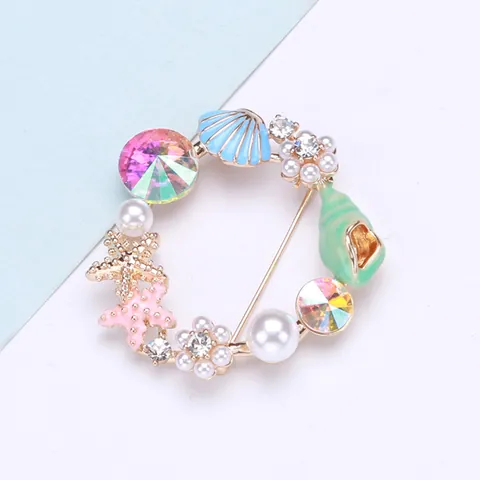 Ocean Theme Wreath Brooch Alloy Enamel Drip Starfish Shell Snail Brooch With Rhinestone Artificial Pearl Accessory For Women