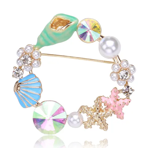 Ocean Theme Wreath Brooch Alloy Enamel Drip Starfish Shell Snail Brooch With Rhinestone Artificial Pearl Accessory For Women