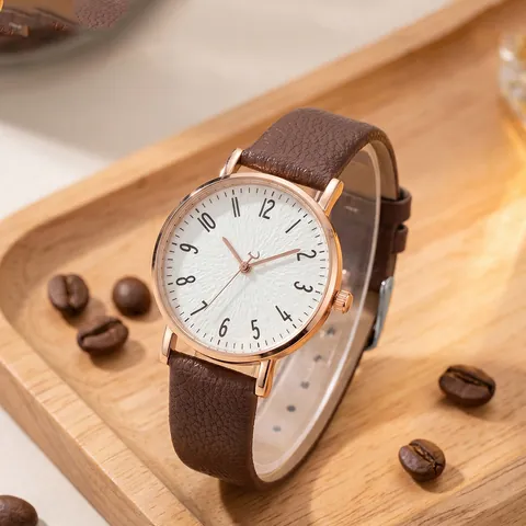 Minimalistisch Dames Quartzhorloge Rozegoud Zinklegering Kast Litchi Korrel PU Leren Band Casual Ronde Wijzerplaat Arabische Cijfers Polshorloge