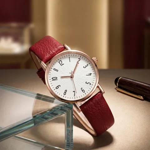 Minimalistisch Dames Quartzhorloge Rozegoud Zinklegering Kast Litchi Korrel PU Leren Band Casual Ronde Wijzerplaat Arabische Cijfers Polshorloge