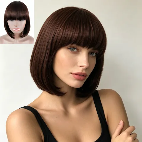 Women Short Straight Bob Wig With Flat Bangs High Temperature Synthetic Fiber Natural Black Brown Bob Haircut Daily Use