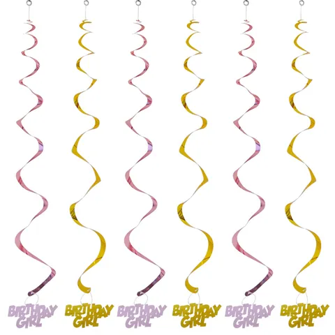 Decoraciones de Remolino Colgante de PVC Birthday Girl Serpentinas de Papel de Aluminio Adornos de Techo Metálicos para Fiesta de Cumpleaños Niñas