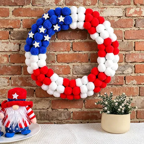 Guirnalda de Pompones del Día de la Independencia Americana Rojo Blanco Azul Decoración Patriótica de Puerta Con Estrellas
