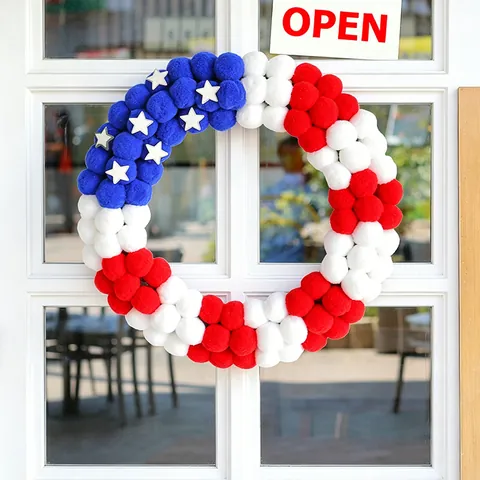 Guirnalda de Pompones del Día de la Independencia Americana Rojo Blanco Azul Decoración Patriótica de Puerta Con Estrellas